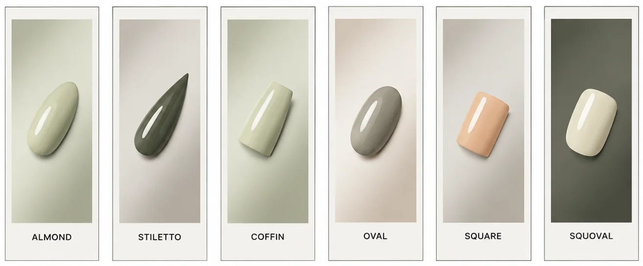 Nail shape reference — Almond, Coffin, Oval, Stiletto, Square, Squoval